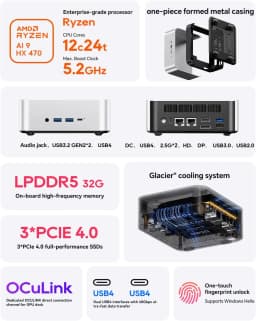 AOOSTAR MACO AMD Ryzen AI 9 HX 470 Powerful AI PC LPDDR5 32GB 3*M.2 2280 SSD USB4 OCulink WIFI7 BT5.4 Mini PC Gaming Computer