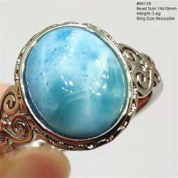 Natural Blue Larimar Oval Adjustable Ring Jewelry Water Pattern Real Larimar For Women Men Healing Fashion Stone AAAAAA
