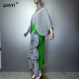 WINYI New Pleated Slim High-Fork Dress for Women Fashion Beach Cover-Up Muslim Kaftan Abaya Dubai Luxury Long Evening Gown