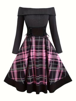 A Retro Era Plaid Off-the-Shoulder Knitted Dress for Women's Autumn and Winter in Size 2025