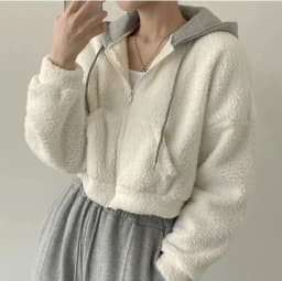 Lamb Fur Collar Short Coat Women's Autumn Winter Thickened Zipper Hooded Jacket Korean Style Contrast Color Open Cardigan