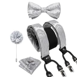Luxury White Men's Suspenders Adjustable 6 Clips Braces DiBanGu Leather Metal Pre-Tied Bow Tie Brooch Pocket Square Set