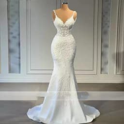 Flavinke Customized V Neck Mermaid Lace Wedding Dresses Sleeveless Illusion Beaded Satin Bridal Gowns With Detachable Train