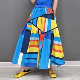 Elastic Waist A-Line New 2023 Summer Korean Style Woman Long Blue Printed Skirt Pockets Loose Fit Casual Holiday Skirt JJSK031