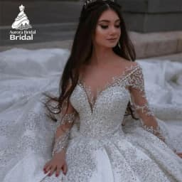 Aurora Customized Exquisite Luxury V Neck llusion Full Sleeves Wedding Dress Train Off Shoulder Beaded Appliqued Bridal Gown