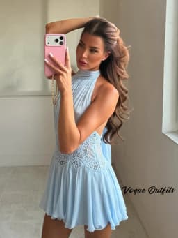 Sexy Women's Pleated Patchwork Mini Dress Halter Hollow Backless Ribbon Blue A-line Dresses 2026 Summer Beach Vacation Vestidos