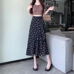 High Waist A-Line Floral Print Chiffon Halter Neck Dress Women's Summer New Style Belted Wrap Skirt Casual Polyester Fiber