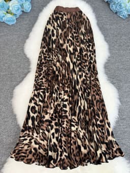 Spring Summer Leopard Print Pleated Long Skirt For Women 2026 Vintage Casual Office Lady Skirts