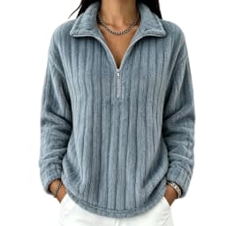 Women's Autumn Winter Turn Collar Ribbed Fleece-lined Warm Zip-up Long-sleeved Sweatshirt