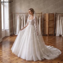 BEPEITHY Customized Square A Line Glitter Wedding Dresses For Women 2026 Summer Lace Bride Ivory Bridal Gown Boho Plus Size