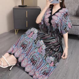n Long Print Dr V-Ne Slimming Cotton Silk Beachwear Casual High Waist Summer Women's Loose Fit Overhead Dr