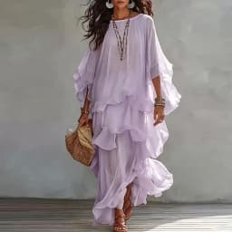 Vintage Solid Tiered Ruffle Mesh Dress Women Crew Neck Loose Batwing Sleeve Sheer Maxi Dress Elegant Holiday Travel Casual Dress