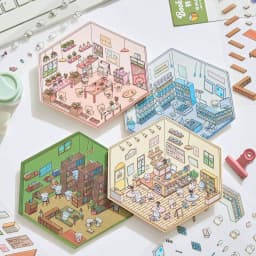 2pcs Cartoon Miniature Scene 3D Landscaping Stickers DIY Cabin Scene Stacking and Pasting Hand Account Cute Gift for Kid Child
