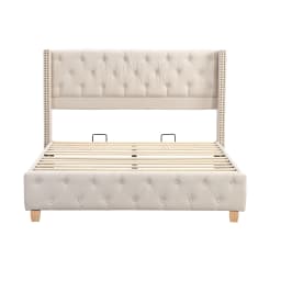 180x200cm Linen Upholstered Bed with Lattice Headboard Button Rivet Design Solid Wood Legs Without Mattress109