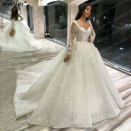 BEPEITHY Customized Vintage Long Sleeves Wedding Dresses 2026 Autumn V Neck Ball Gown Glitter Bride Plus Size Bridal Gown New