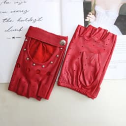 New Women's Sheepskin Half Finger Gloves Thin Style Unlined Rivet Style Colored Genuine Leather Driving Gloves