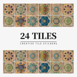 24 Pieces of Mandala Retro Pattern Glossy Self-adhesive Tile Stickers for Kitchen and Bathroom Removable Waterproof Wall Sticker