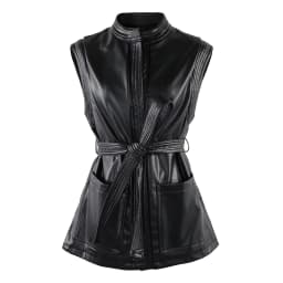 Mauroicardi Spring Short Black Soft Pu Leather Vest Women with Side Slit Sashes Stand Collar Luxury Chic Sleeveless Jacket 2025