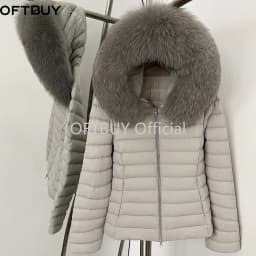 OFTBUY Goose Down Real Fox Fur Collar Lightweight Quilted Zip Up Clothes New Winter Puffer Coat Women Short Hooded Down Jacket
