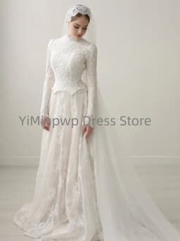 Modest Lace Wedding Dresses with High Collar Long Sleeve A-Line Sweep Train Bride Dress Bridal Gown vestidos de novia Customized