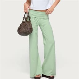 Coquette Solid Color Fold Over Waist Flare Pants Women Low Rise Stretchy Bootcut Long Trousers Casual Minimal Lounge Pants