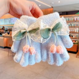 Kids Lace Bow Plush Full Finger Gloves For Girls Cute Flower Bud Decor Girls Winter Warm Windproof Faux Mink Fur Kawaii Gloves