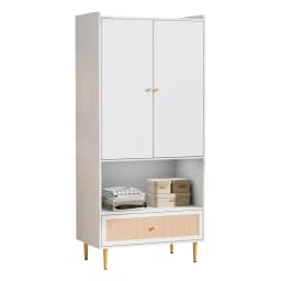 Large Rattan Drawer Wardrobe with 2 Doors Bedroom Cabinet Metal Legs Handles 80x48x175 Cm Storage Organizer