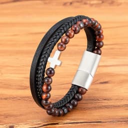 TYO High Quality Natural Stone Tiger Eye Beaded Bracelets Woven Leather Bangles Men Classic Fashion Magnet Clasp Jewelry Gifts