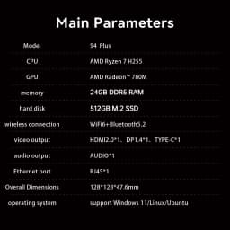 SOYO MINIPC S4 PLUS MINI PC Ryzen 7 H255 LPDDR5 24GB SSD 512GB PCIe3.0 Nvme SSD WIFI6 BT5.2 8K HD Mini PC Diy Gaming Computer