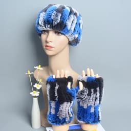 One Set Women Real Rex Rabbit Fur Cuff+Headband Winter Warmer Hat Arm Wrist Sleeve Gloves Female Real Fur Cap+Elastic Wristband