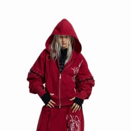 Punk Style Short Wax Rope Strap Sleeve Zipper Hoodie Subcultural Hooded Sweatshirt Cardigan Coat Men and Women
