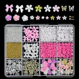 12Grids 3D Resin Rose Flower Nail Charms Mixed Color Flatback with Pearls Kawaii Floral Nail Decor for Acrylic Nails DIY Tools