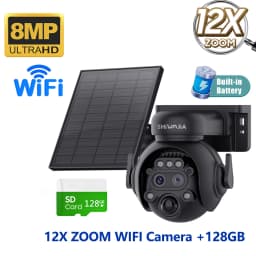 SHIWOJIA 12X Zoom 4G LTE Solar Security Camera 8MP Night Vision Dual-Lens Outdoor WiFi Solar Battery Camera PIR Human Detection
