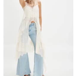 Women Sheer Maxi Lace Tanks Spaghetti Strap Mesh Tie Front Long Camisole Boho Flowy Floral See Through Coquette Layering Tops