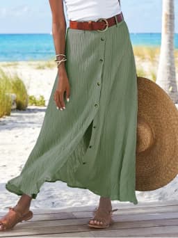 Summer Women's Skirt Cotton Linen Important Button Slit Flower Print Fashion Versatile Vacation Beach Midi Skirt