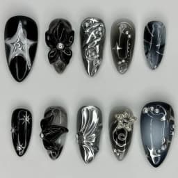 24Pcs Y2k Almond Acrylic Nails Full Cover 3D Diamond Black Nail Art Sweet Cool French Wearable Fake Nail Manicure Tips for Girls