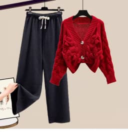 Two Piece Set For Women New In Sweater Matching Sets Korean Sweet Bow Outfit Long Sleeve Cardigan Knitwear Wide Leg Pants Set