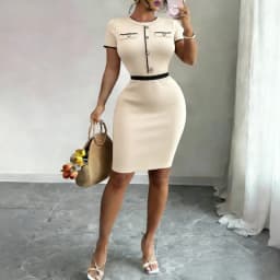 Women's Beige Short Sleeve O Neck Stretchy Knit Mini Dress Contrast Trim Button Detail Bodycon Sundress Summer Office Dress