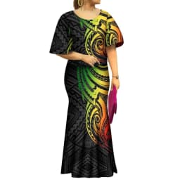 2022 Fall New Style Samoan Puletasi Batwing Sleeve Polynesian Tribal Mermaid Maxi Skirt Dress Women Pacific Island Art Ptaha