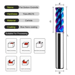 AZZKOR TGA-HRC75 4-Flute Blue Nano Coating Falt Milling Cutter Tungsten Steel Carbide CNC Mechanical Center End Mill Tools