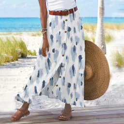 Summer Women's Skirt Cotton Linen Important Button Slit Flower Print Fashion Versatile Vacation Beach Midi Skirt