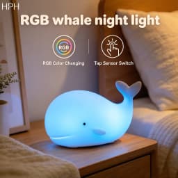 HPH LED Night Light Cute Whale Cartoon Silicone Table Lamp Children Touch Sensor RGB Ambient Light for Bedroom Christmas Gift
