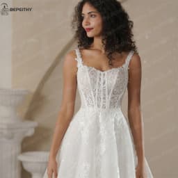 BEPEITHY Customized Spaghetti Straps A Line Glitter Beach Wedding Dresses 2025 Women Sleeveless Boho Bride Lace Bridal Gown