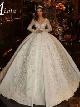 Grace Tulle Applique Wedding Dresses Long Sleeves Customized Ball Gown Wedding Dresses Beach Tulle Sweep Train Vestidos De Novia