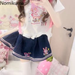 Denim Mini Skirts 2025 Faldas Mujer De Moda Cute A-line Sweet Jupe Summer Chic Saia Cartoon Embroidery Pleated Y2k Skirt Women