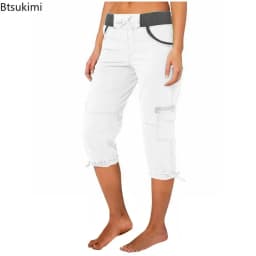 2026 Women's Summer Casual High Waist Drawstring Pocket Workwear Pants Solid Loose Wide Leg Extendable Cuffs 7-inch Pants Female
