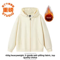 Pure Cotton Fleece Lined Hoodie Jacket Deep Blue Zipper Closure Sweatshirt Outerwear for Men And Women Autumn Winter Casual Wear