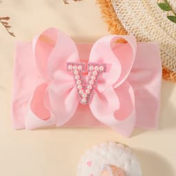 26 Letters Pink Big Bows Pearl Headbands for Baby Girls 5.98'' Wide Nylon Knotted Soft Elastic Hair Bands Wraps Headwear 1PCS