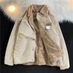 Men's Corduroy Jacket Thickened Lamb Fur Lined Winter Coat Loose Fit Vintage Collar Trendy Cotton Clothing Cleanfit Style