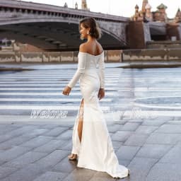 Romantic Beach Civil Wedding Dress For Bride Summer Custom Off Shoulder Long Sleeves Front Slit Sweep Train Bridal Gown Mariage